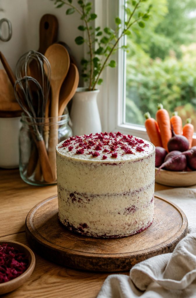 First Birthday Cake: Smash, Natural, Dairy-Free and More Options 7 A beetroot cake resting on a wooden cutting board.