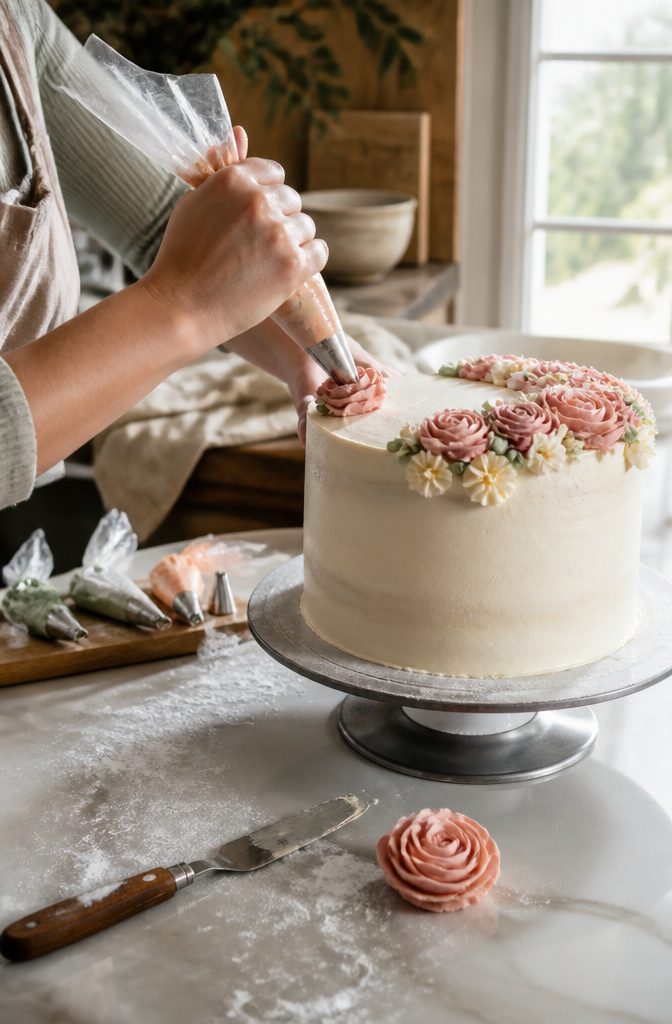 Floral Cake Design: A Buttercream Flower Cake Recipe 5 A baker decorating a cake with buttercream flowers and tools.