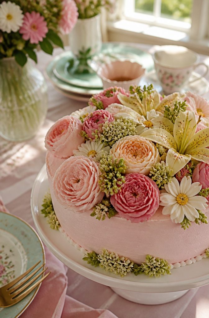 Floral Cake Design: A Buttercream Flower Cake Recipe 4 A buttercream flower cake topped with roses and peonies.