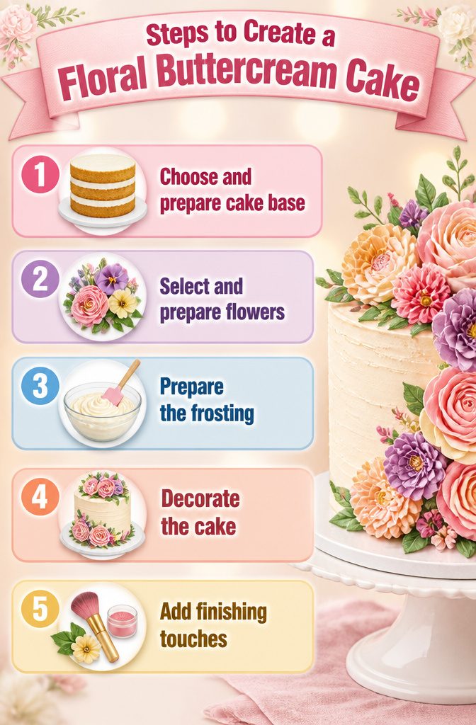 Floral Cake Design: A Buttercream Flower Cake Recipe 3 An outline of steps to create a floral buttercream cake.
