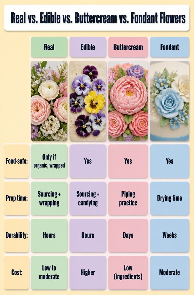 Floral Cake Design: A Buttercream Flower Cake Recipe 6 Comparison of real, edible, and buttercream flowers for cake decoration.