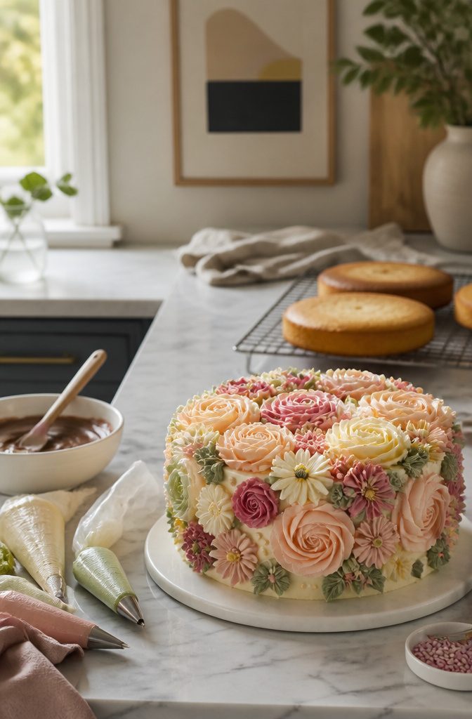 Floral Cake Design: A Buttercream Flower Cake Recipe 8 A completed buttercream flower cake on a marble kitchen counter.