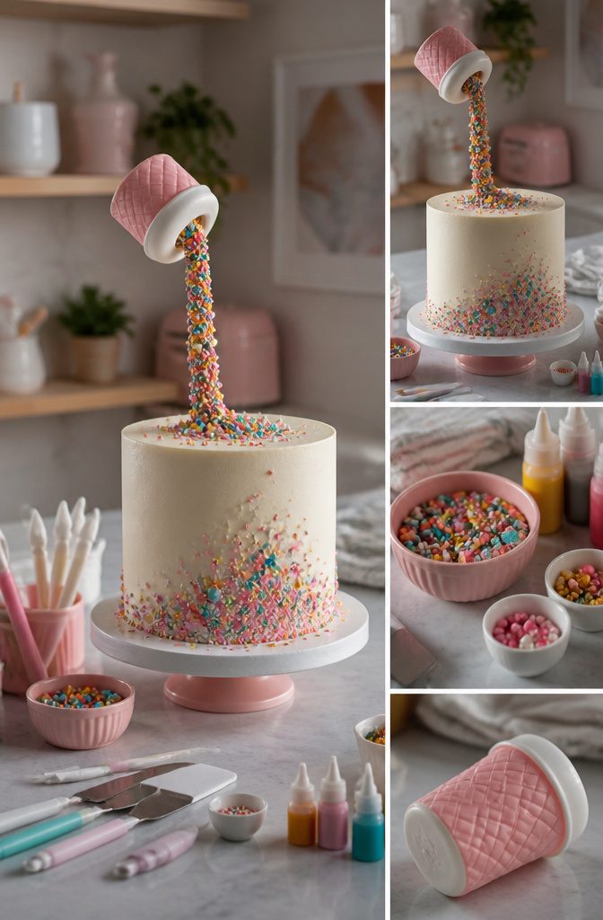 Gravity-Defying Cake Tutorial with Internal Structure Guide 7 Decorations being added to a cake for a gravity effect.