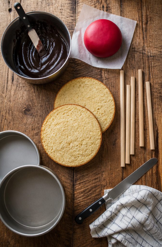 Gravity-Defying Cake Tutorial with Internal Structure Guide 3 Ingredients and equipment needed for making a gravity-defying cake.
