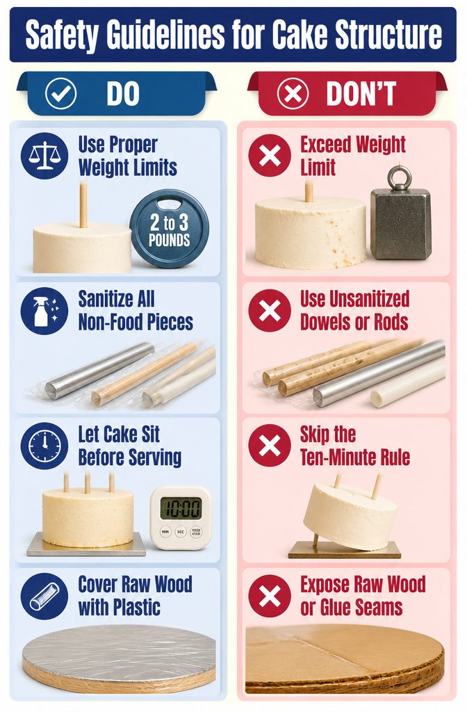 Gravity-Defying Cake Tutorial with Internal Structure Guide 11 Safety guidelines for building a stable cake structure.