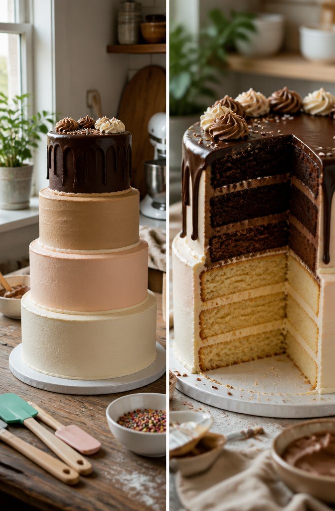 Gravity-Defying Cake Tutorial with Internal Structure Guide 6 A cake being stacked and frosted with layers of frosting.