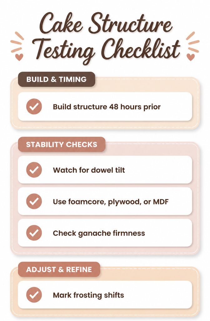 Gravity-Defying Cake Tutorial with Internal Structure Guide 12 A checklist for testing the cake structure before an event.