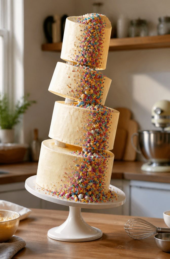 Gravity-Defying Cake Tutorial with Internal Structure Guide 2 A cake with a design that appears to float and balance without support.