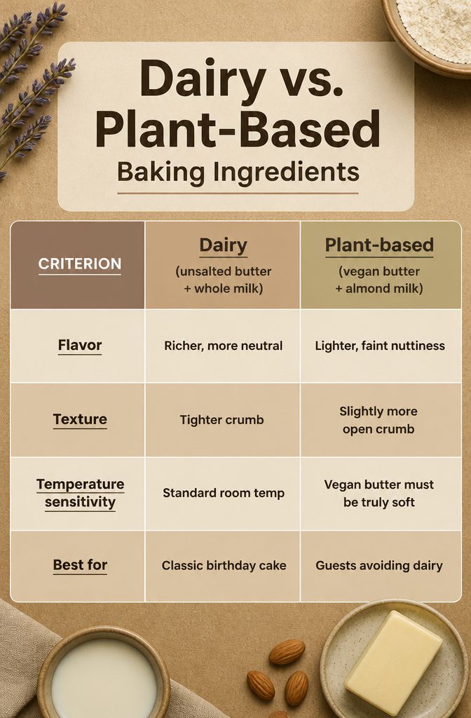 Lemon Lavender Cake Recipe with Cream Cheese Frosting 6 Comparison of dairy and plant-based baking ingredients on a countertop.