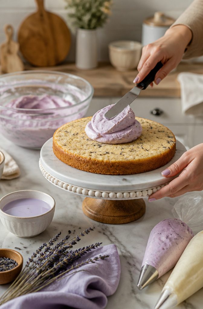 Lemon Lavender Cake Recipe with Cream Cheese Frosting 7 Smooth buttercream frosting being prepared for a lemon lavender cake.