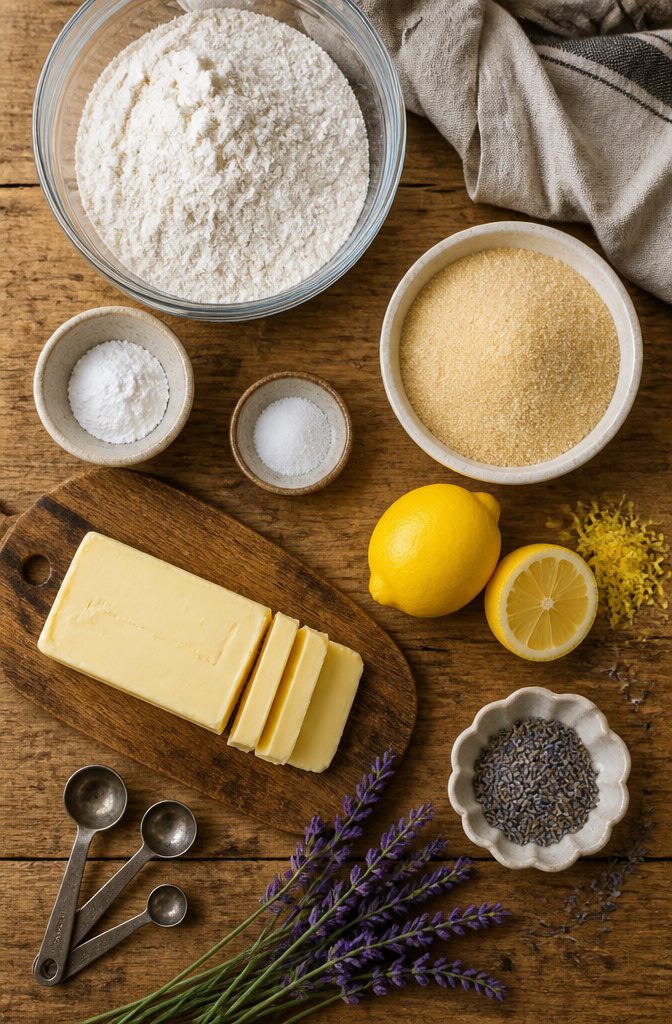 Lemon Lavender Cake Recipe with Cream Cheese Frosting 3 Measuring cups filled with cake flour, sugar, and culinary lavender.