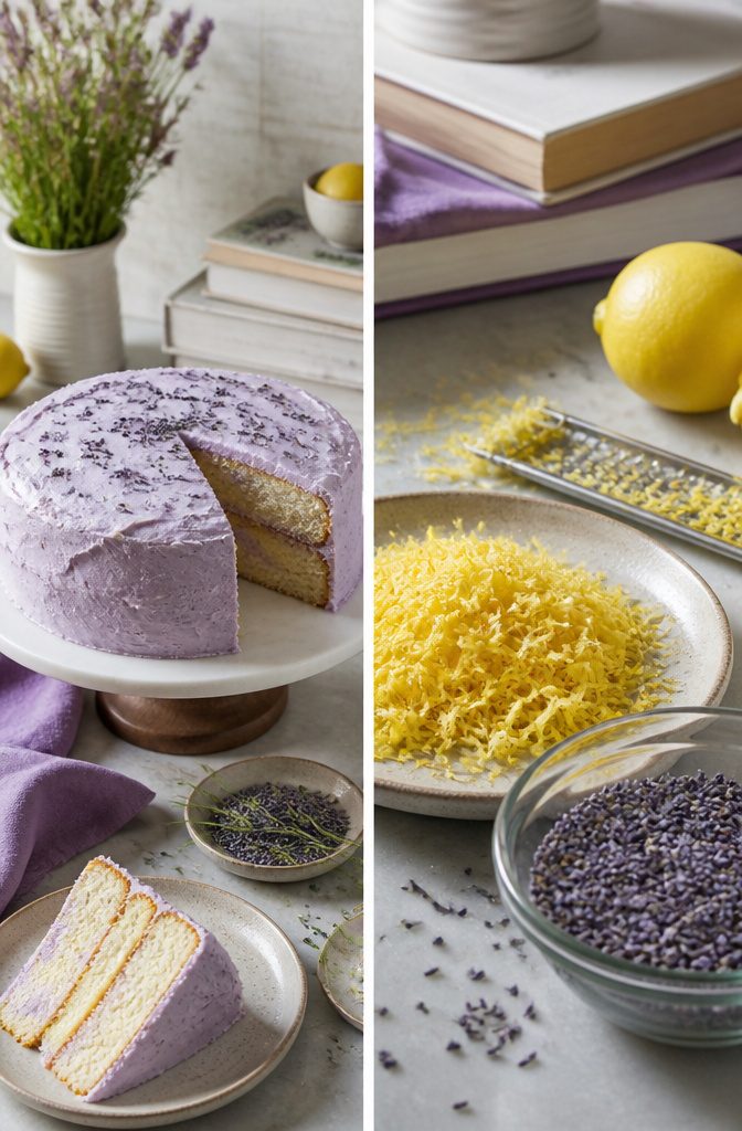 Lemon Lavender Cake Recipe with Cream Cheese Frosting 5 Fresh lemon juice and zest alongside culinary lavender flowers.