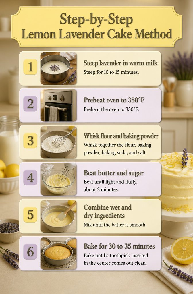 Lemon Lavender Cake Recipe with Cream Cheese Frosting 4 Instructions for preparing lemon lavender cake laid out on a countertop.