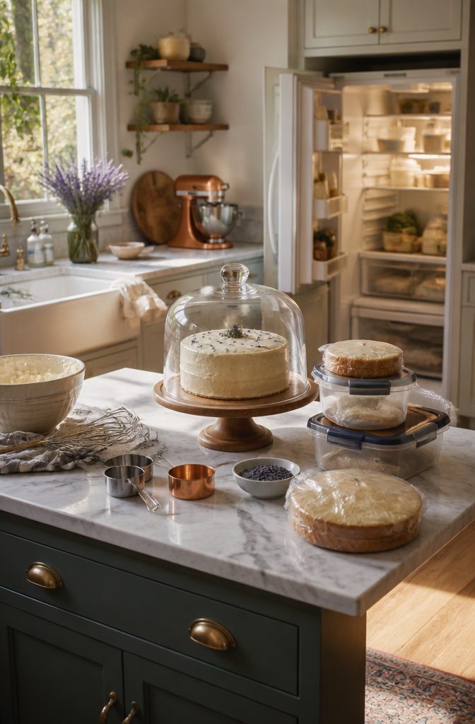 Lemon Lavender Cake Recipe with Cream Cheese Frosting 9 Fully frosted lemon lavender cake in a cake keeper on a table.