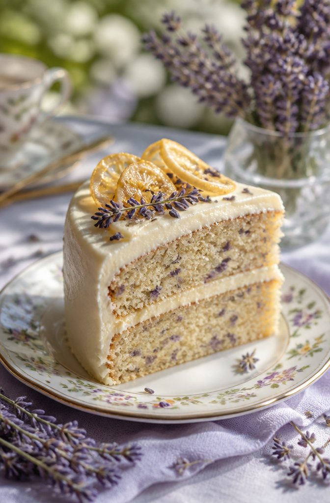 Lemon Lavender Cake Recipe with Cream Cheese Frosting 2 Lavender cake with lemon zest and creamy frosting on a table.