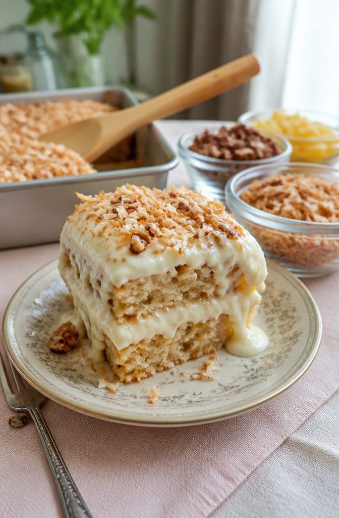 A slice of Hawaiian wedding cake topped with cream cheese frosting.