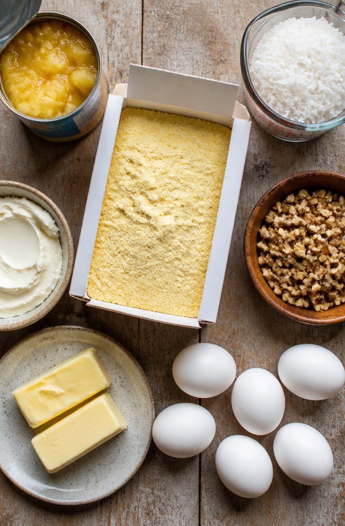 A collection of ingredients for Hawaiian wedding cake including cake mix and crushed pineapple.