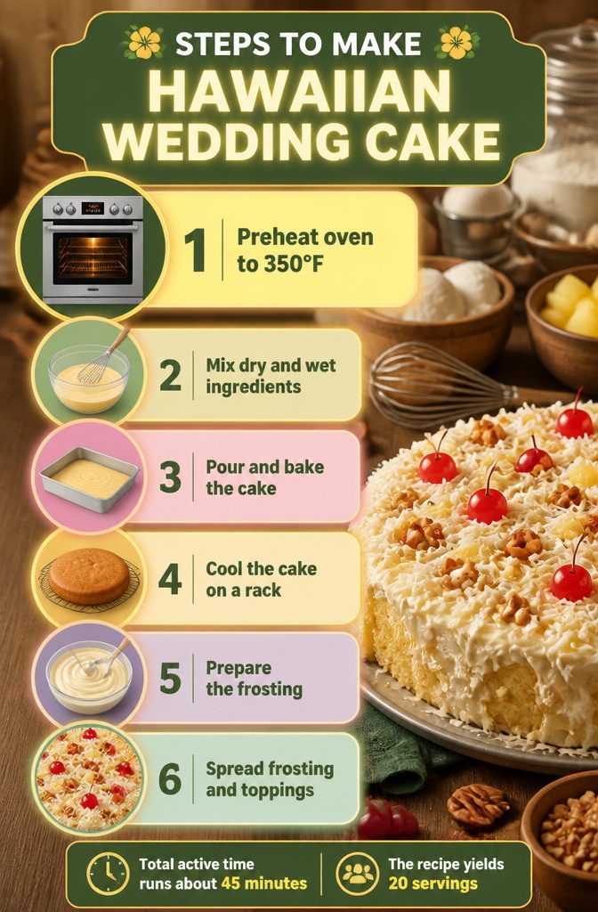 An infographic showing the steps to make Hawaiian wedding cake.