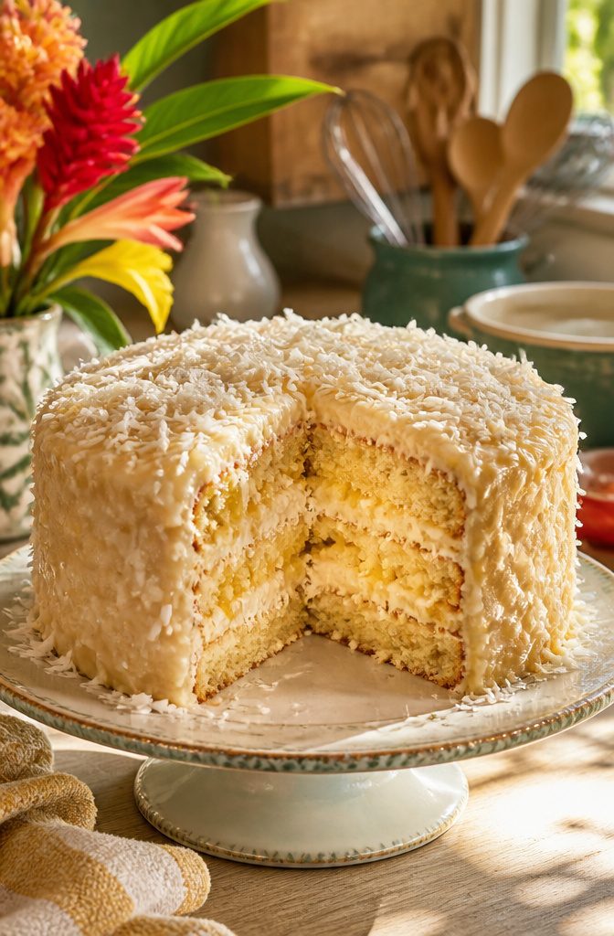 A slice of Hawaiian wedding cake showcasing its moist layers and frosting.