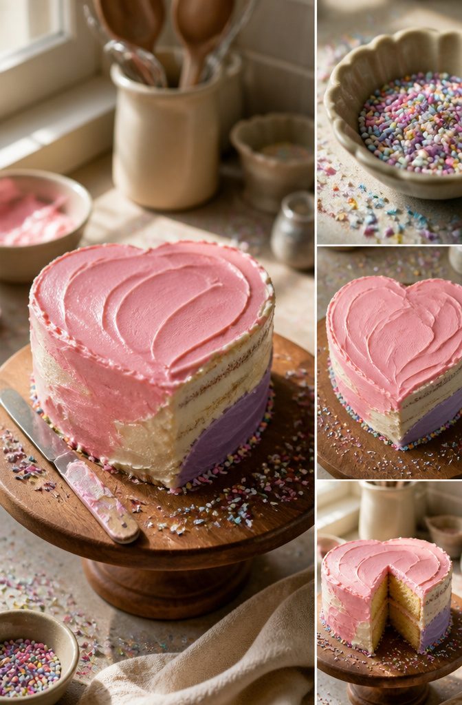 Heart Shaped Birthday Cake Recipe & Decoration Guide 5 Frosting spread on a heart-shaped cake with sprinkles.