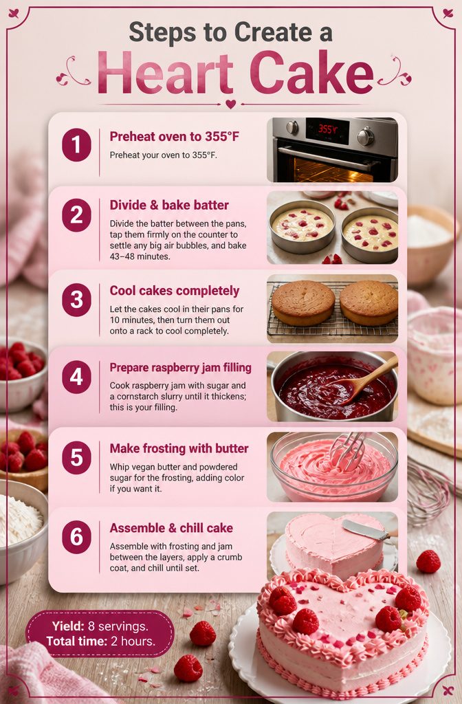 Heart Shaped Birthday Cake Recipe & Decoration Guide 3 Steps to create a heart-shaped cake in a visual guide.