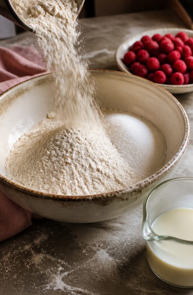 Heart Shaped Birthday Cake Recipe & Decoration Guide 4 Close-up of flour and sugar in a vintage-style bowl.