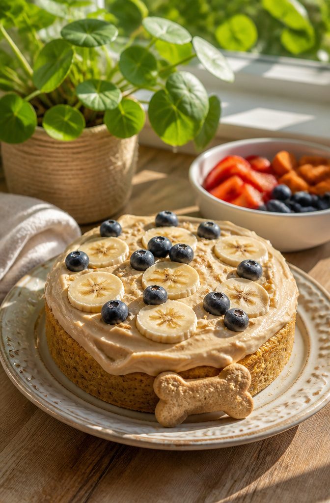A peanut butter dog cake topped with yogurt frosting and fruits.