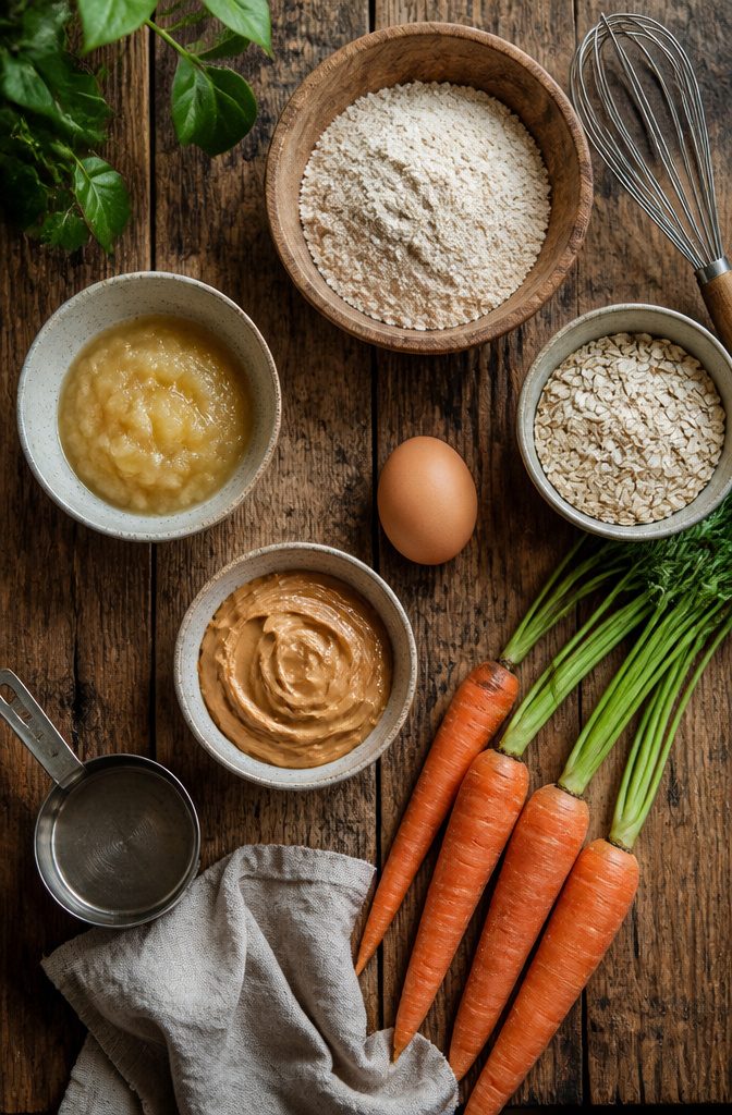 A layout of ingredients for a homemade dog cake.