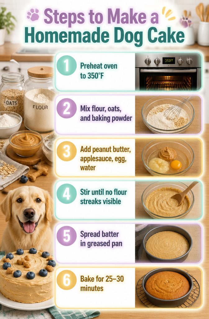 A list of steps to prepare a homemade dog cake.