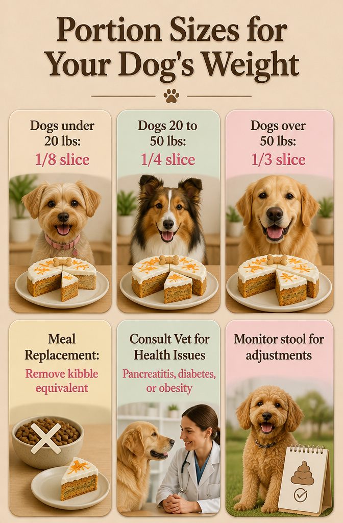 A chart showing portion sizes for a dog cake by dog weight.