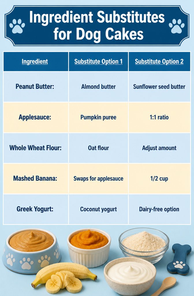 A layout of ingredient substitutes for a homemade dog cake.