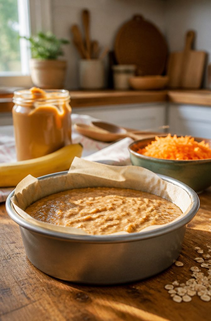 A mixing bowl with peanut butter dog cake batter.