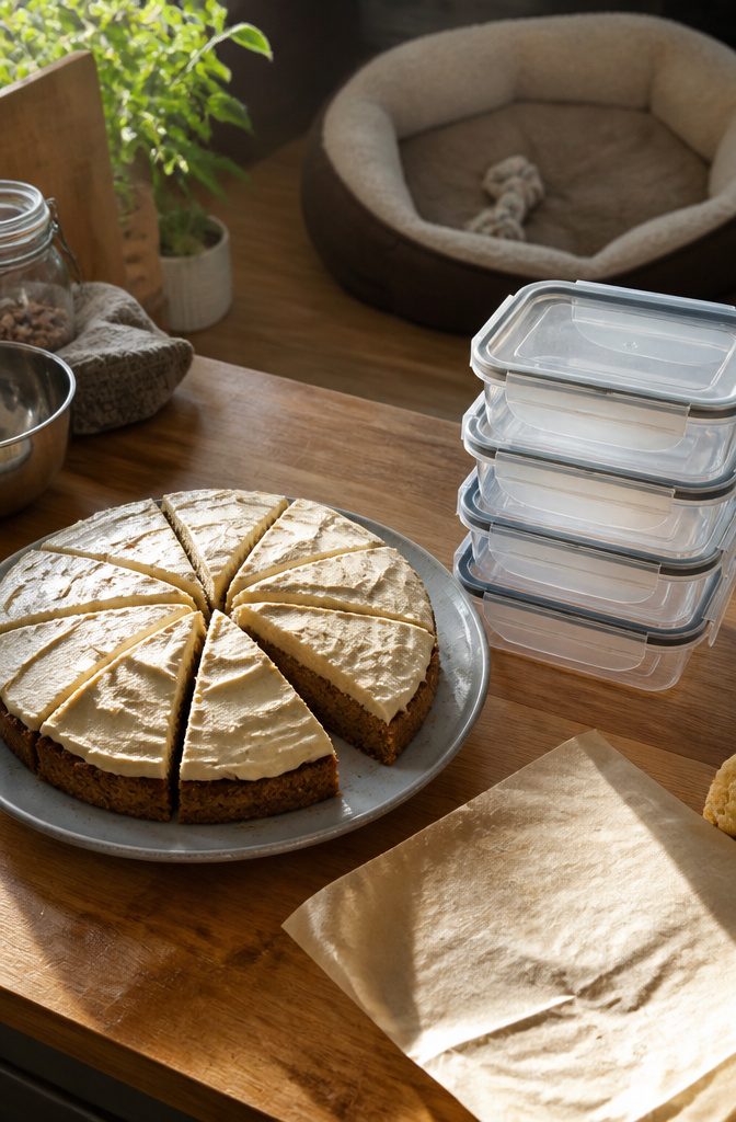 A sliced peanut butter dog cake on a kitchen counter.