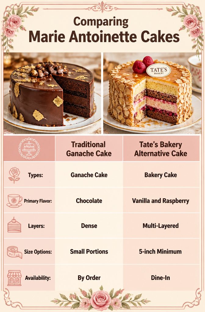 Various types of Marie Antoinette cakes displayed for comparison.
