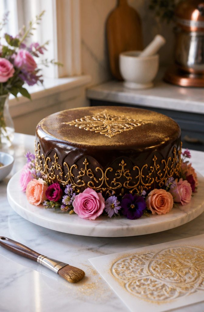A decorated Marie Antoinette cake with gold powder and fresh flowers.