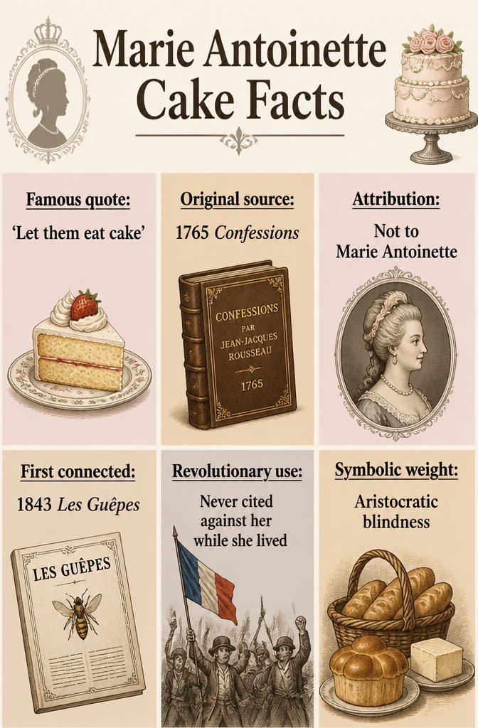 Information about Marie Antoinette and the origin of the cake quote.