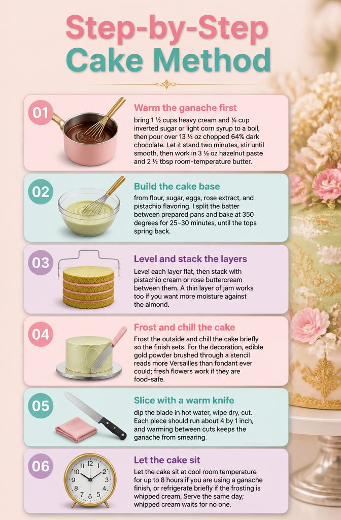 Step-by-step instructions for preparing a Marie Antoinette cake.
