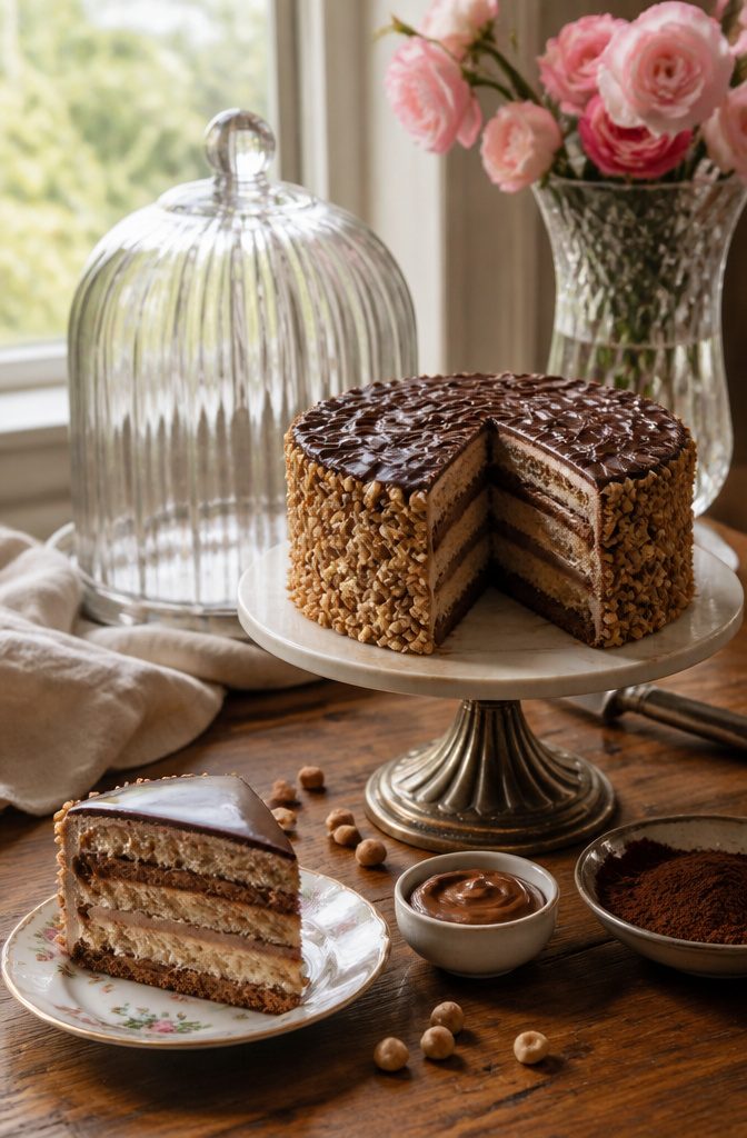 Sliced Marie Antoinette cake arranged on a cake stand with labels.