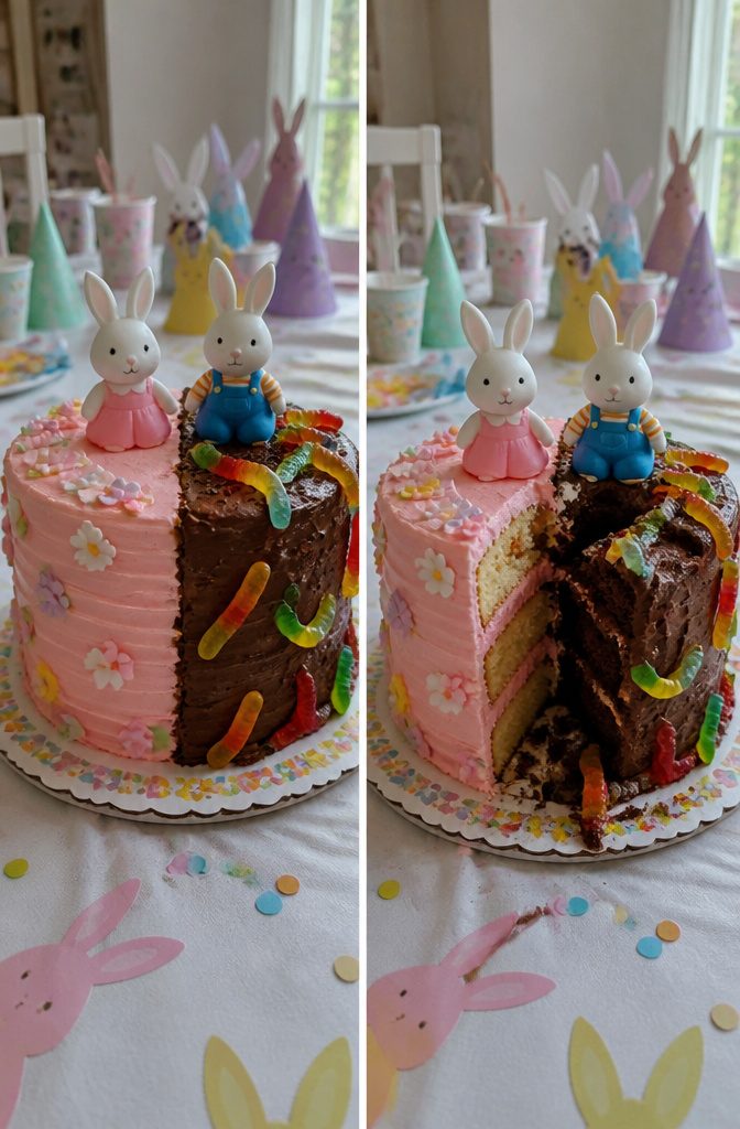 Split cake showing neat pink frosting on one side and messy chocolate on the other.