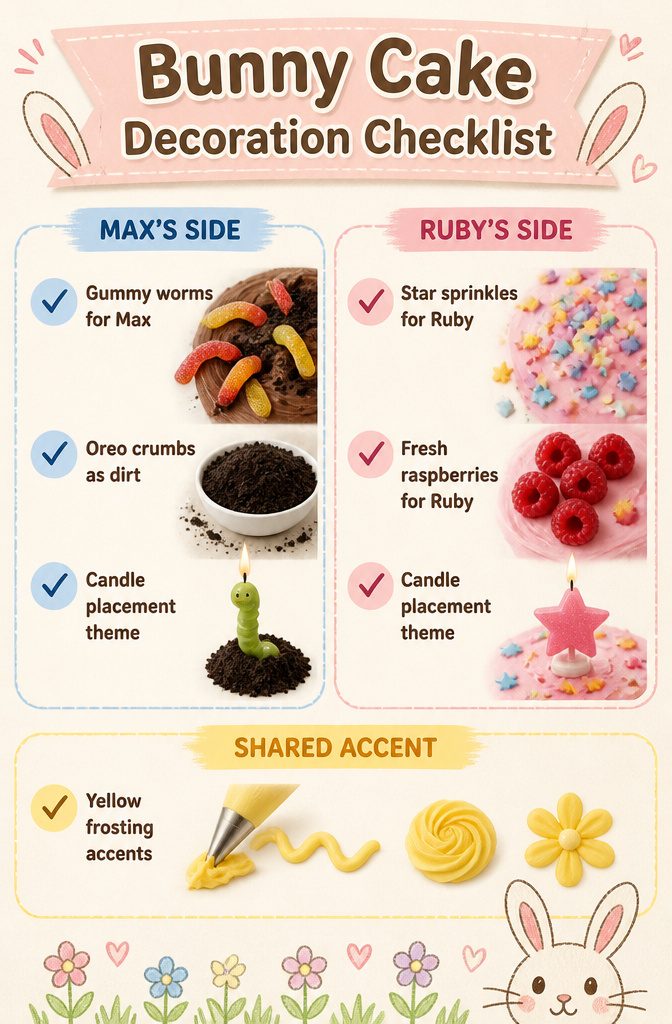 Checklist of decorations for the Max and Ruby cake featuring gummy worms and sprinkles.