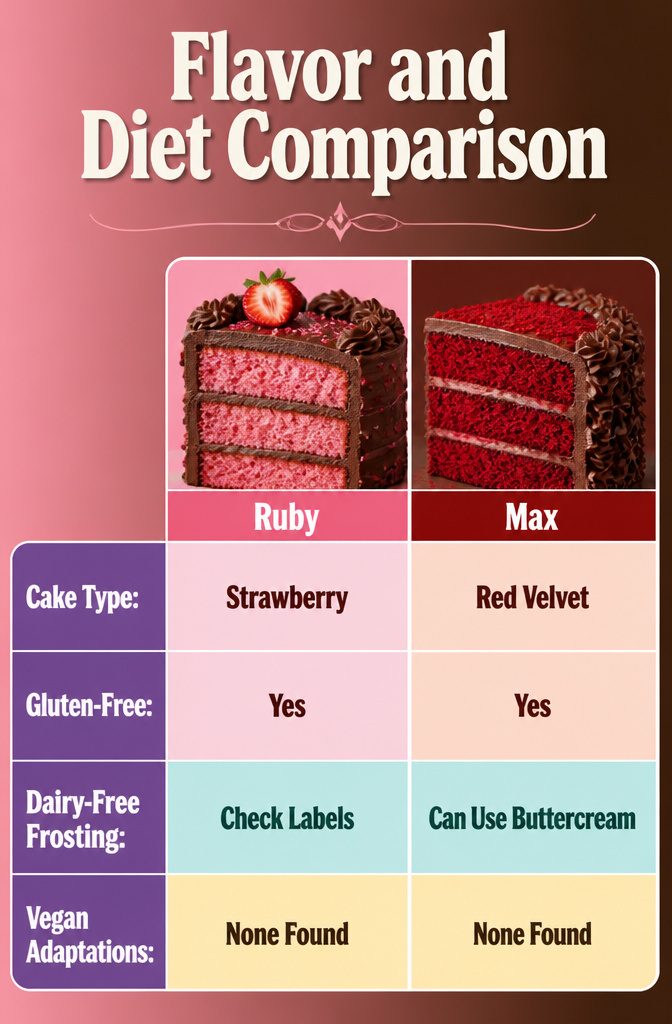 Comparison of flavor options for Max and Ruby cake, including gluten-free mixes.