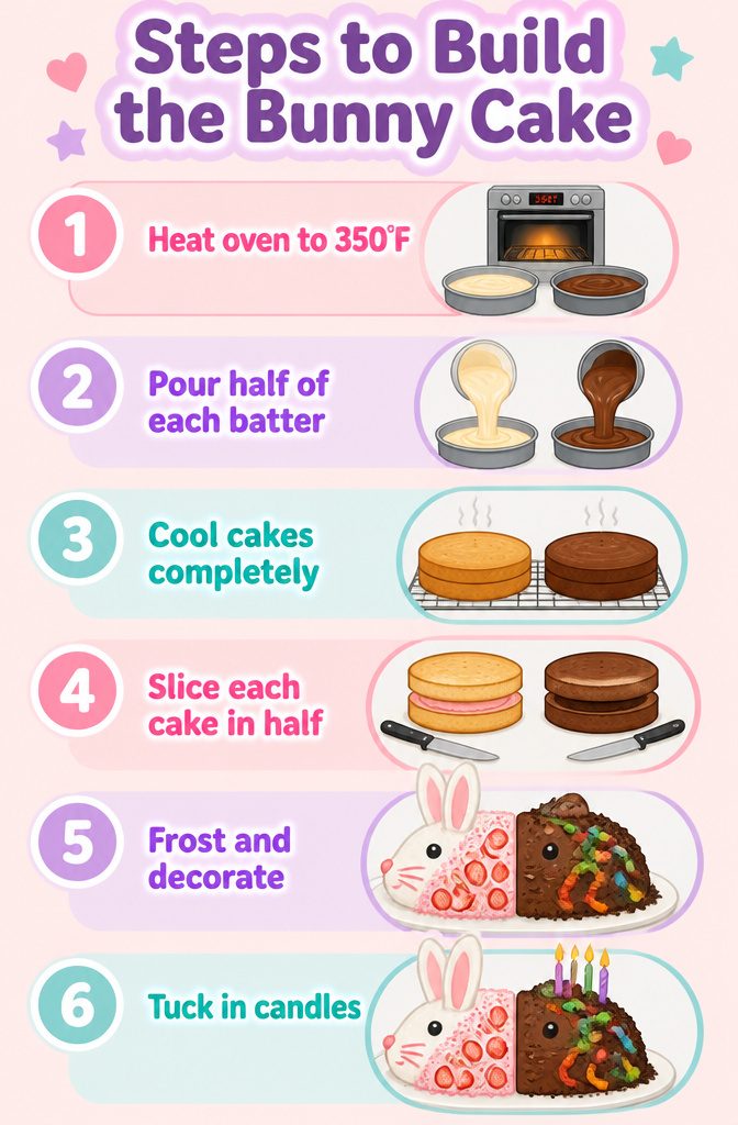 Instructions for assembling a Max and Ruby birthday cake with layered cakes.