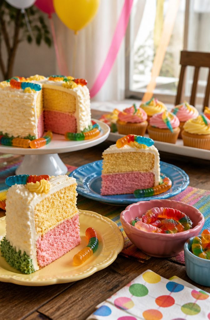 Birthday table with slices of Max and Ruby cake and bowls of gummy worms.