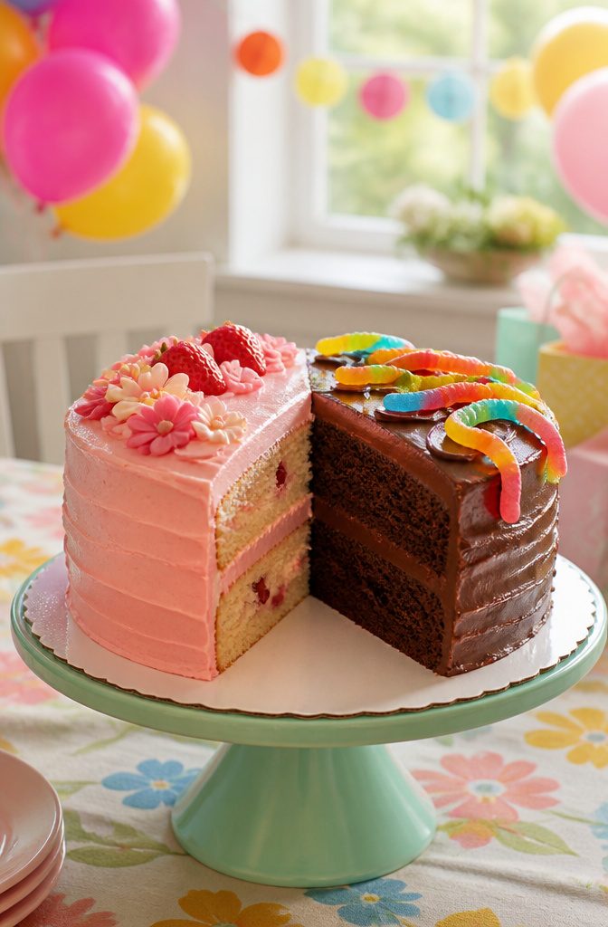 A split cake with pink strawberry frosting on one side and chocolate frosting on the other.