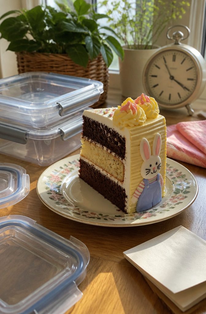 A slice of Max and Ruby cake on a decorative plate with airtight containers.