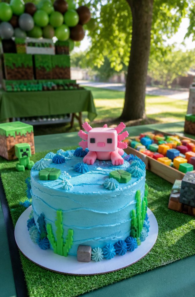 Blue cake with smooth frosting and pink axolotl fondant topper.