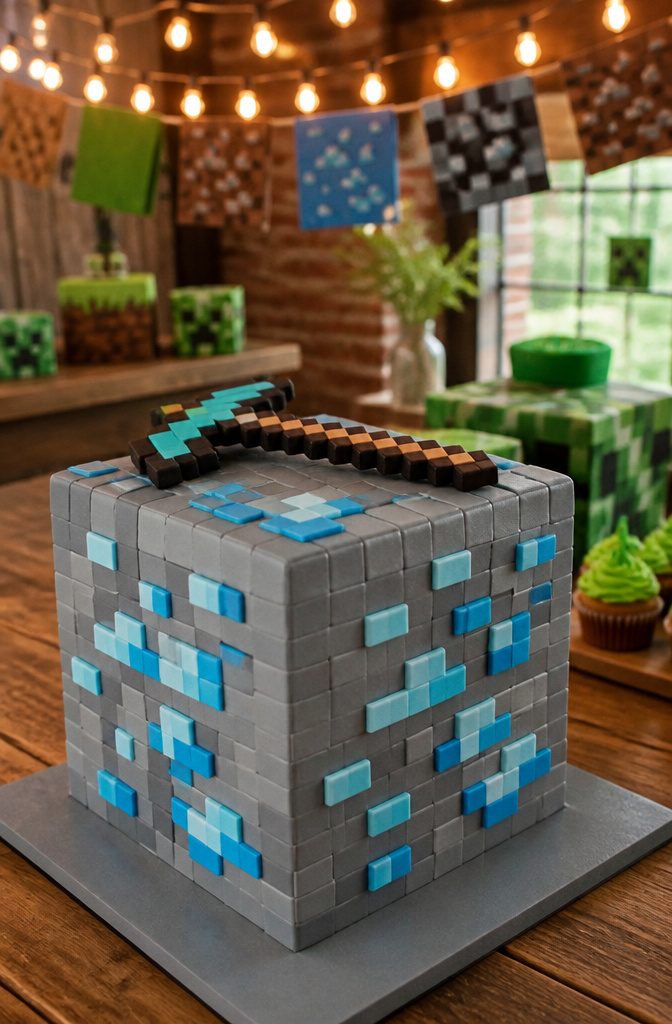Gray cake with small blue fondant squares representing diamond ore.