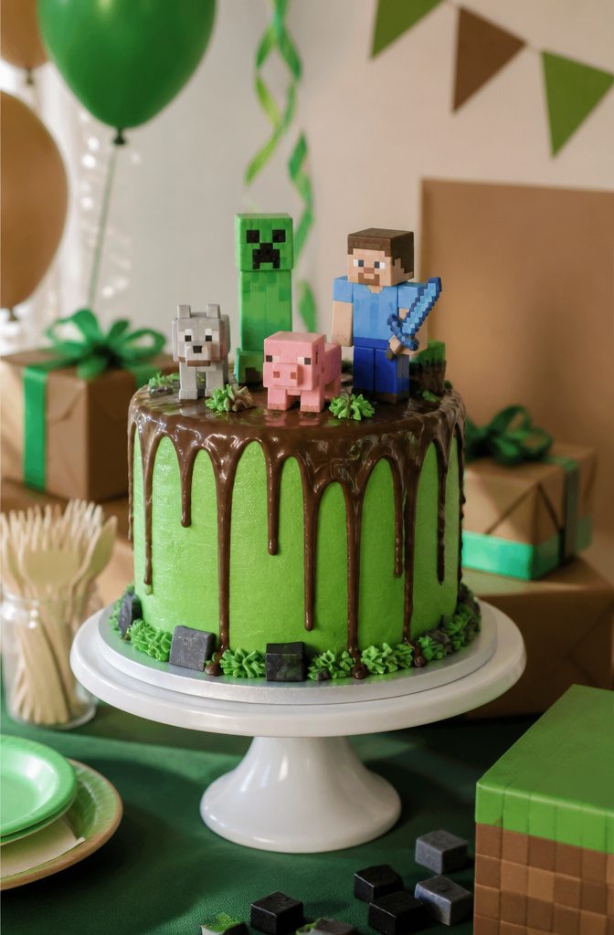 Green drip cake topped with colorful Minecraft character toppers.