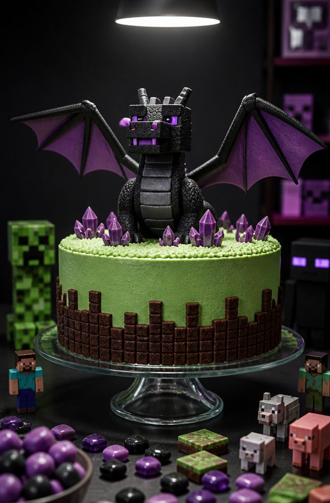 Black base cake with detailed Ender Dragon fondant topper.