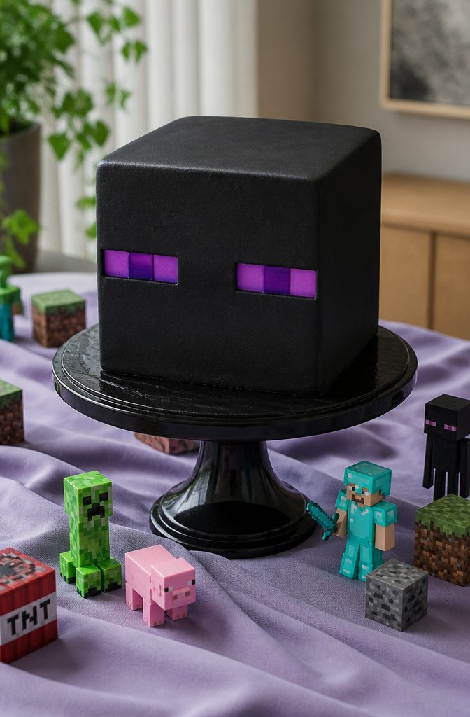 Square chocolate cake with black fondant and purple fondant eyes.